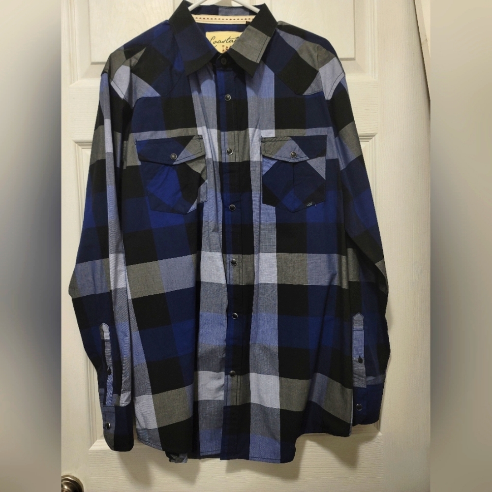 Men's blue/gray/black/white  plaid dress shirt with snaps, sz XL
